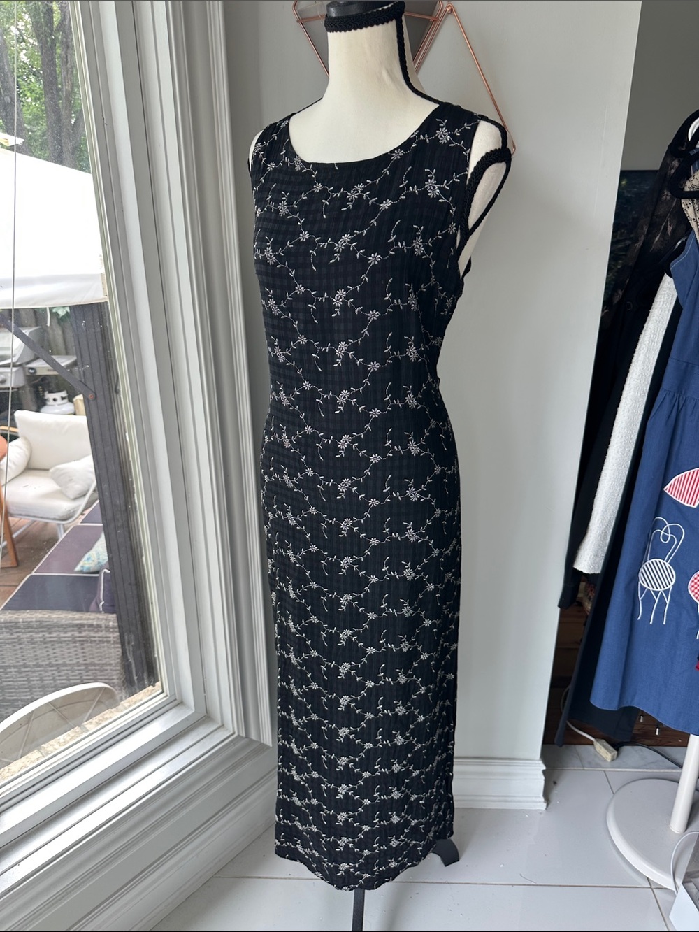 VINTAGE 90s ANN TAYLOR Black Floral Maxi Column Sheath Dress Gingham Sz Medium